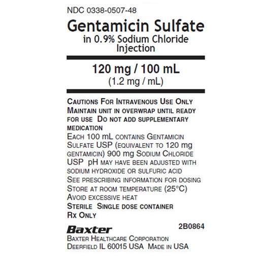 Buy Baxter IV Systems Gentamicin Sulfate in 0.9% Sodium Chloride IV Solution Bags Injection 120 mg in 100 mL VIAFLEX Plus Bags, 24/Case  online at Mountainside Medical Equipment