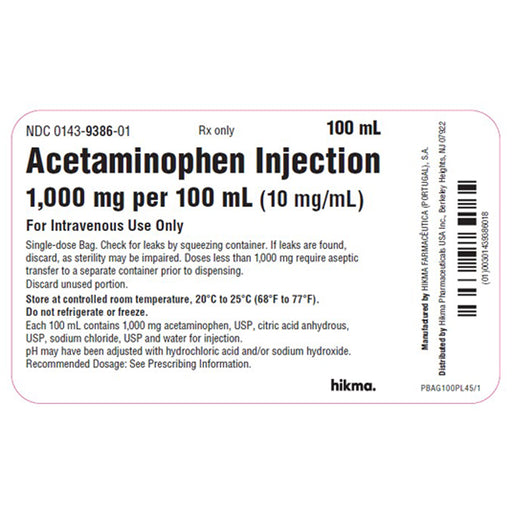 Buy Hikma Injectables Acetaminophen for Injection 100 mg IV Bags, 10/Case (RX)  online at Mountainside Medical Equipment