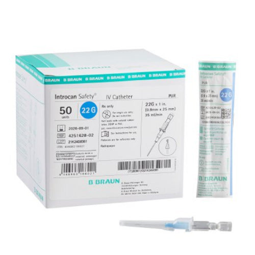 Introcan Safety IV Catheter Needles 22 gauge x 1 inch, Sterile 50/Box B Braun