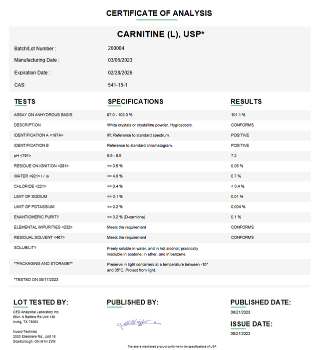 Certificate of Analysis for L-Carnitine USP For Compounding (API)