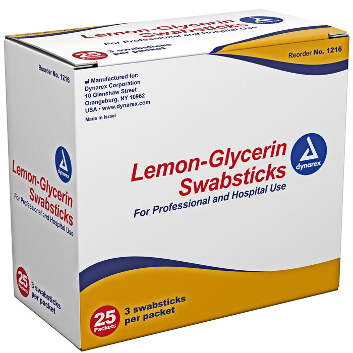 Lemon Glycerin Swabsticks, 3 Swabsticks per Packet, 25 Packets Per Box