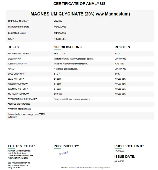 Magnesium Glycinate USP (20% w/w Magnesium) For Compounding