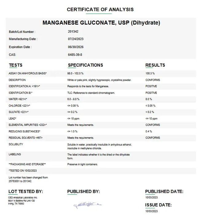 Manganese Gluconate USP Dihydrate For Compounding (API)