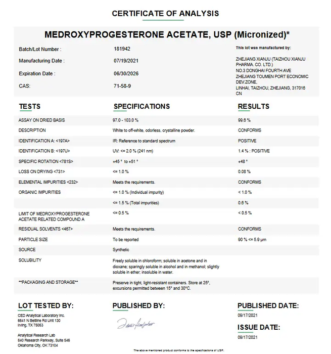Medroxyprogesterone Acetate USP Powder (Micronized) For Compounding (API)