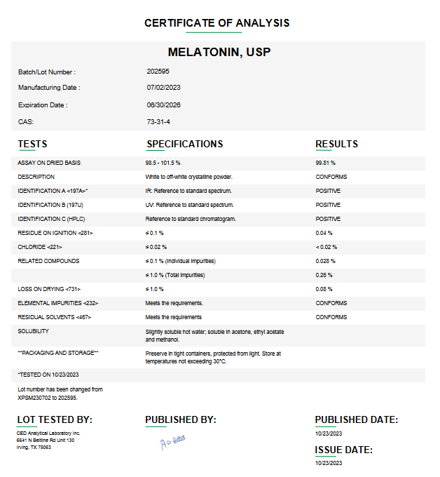 Melatonin USP Certificate of Analysis