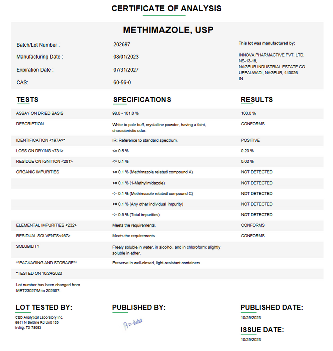 Methimazole USP Certificate of Analysis 