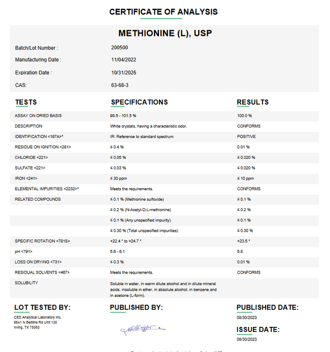 Methionine USP Certificate of Analysis 