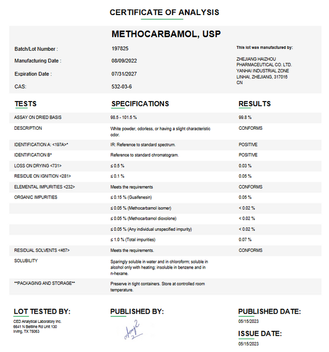 Methocarbamol USP Certificate of Analysis 