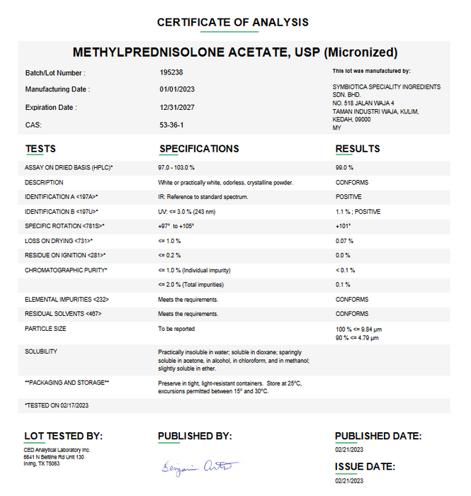 Methylprednisolone USP Certificate of Analysis 