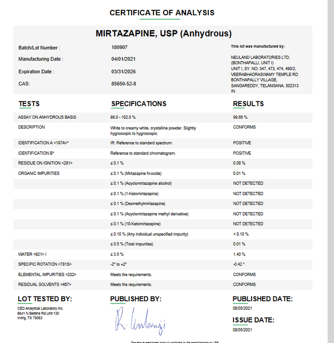 Mirtazapine USP (Anhydrous) Certificate of Analysis 