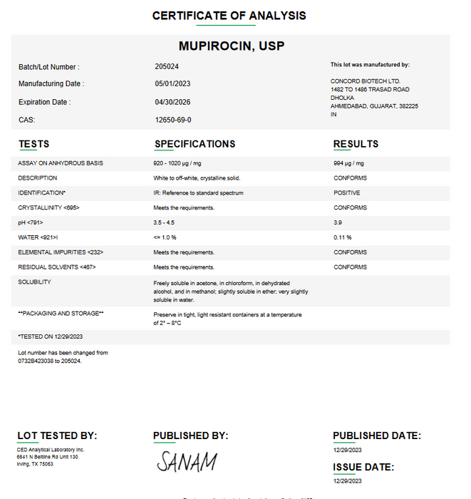 Mupirocin USP Certificate of Analysis 