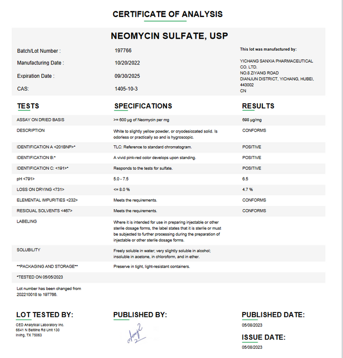 Neomycin Sulfate USP Certificate of Analysis 