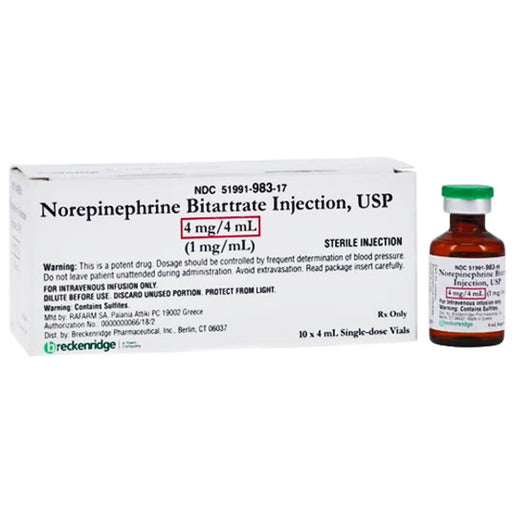 Buy Breckenridge Pharmaceutical Norepinephrine Bitartrate for Injection 1 mg/mL Single-dose Vial 4 mL, 10/Box - Breckenridge  online at Mountainside Medical Equipment
