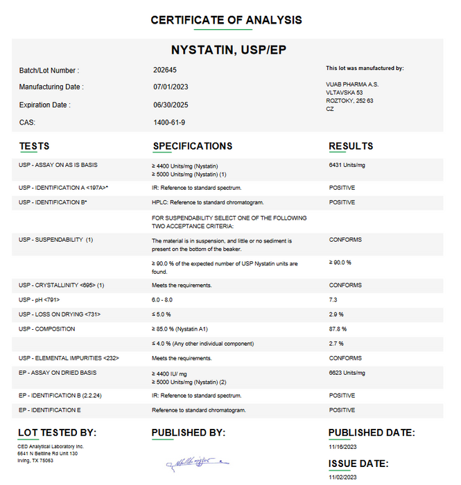Nystatin USP Certificate of Analysis 