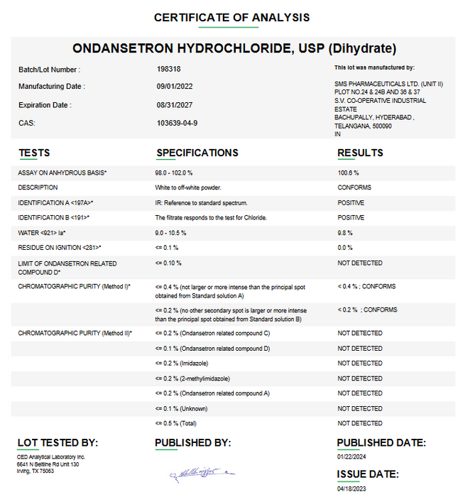 Ondansetron Hydrochloride USP Certificate of Analysis 