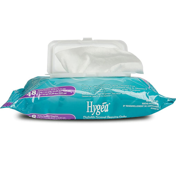 Open pack of Hygea Flushable Personal Cleansing Cloth Wipes