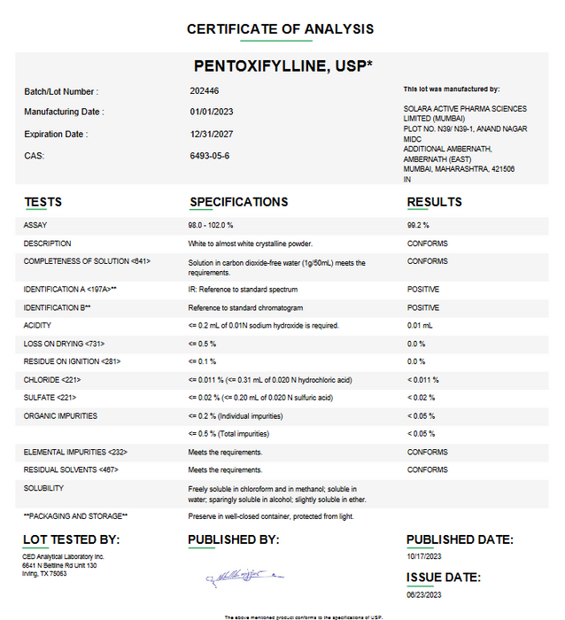 Pentoxifylline USP Certificate of Analysis 