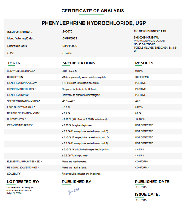 Phenylephrine Hydrochloride USP Certificate of Analysis 