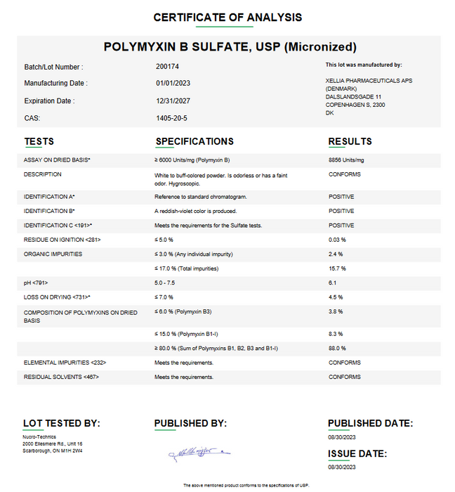 Polymyxin B Sulfate USP (Micronized) Certificate of Analysis 