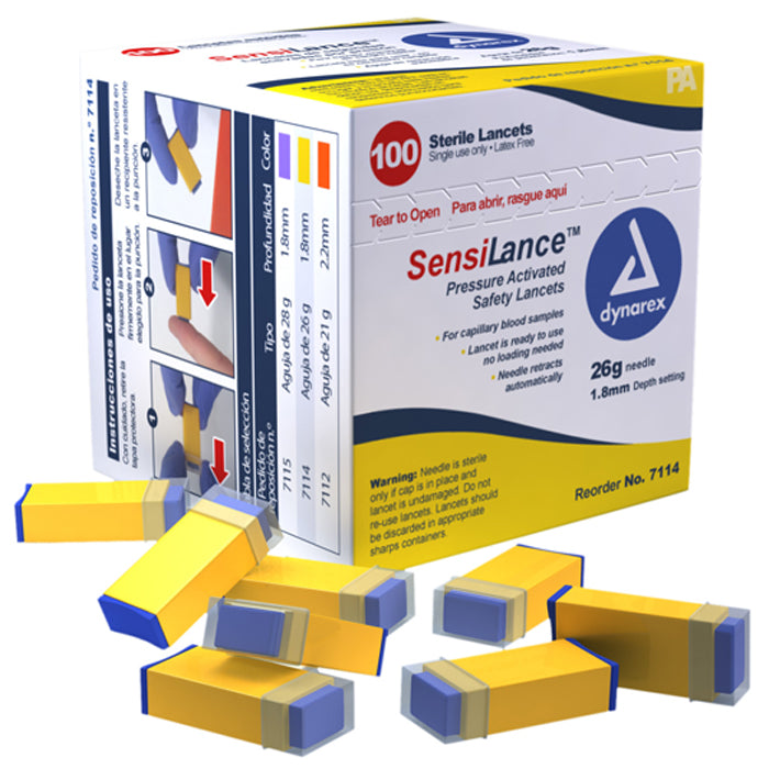Buy Dynarex SensiLance Safety Lancets, Pressure Activated, Sterile, 26 gauge, 1.8mm depth, 100/bx  online at Mountainside Medical Equipment