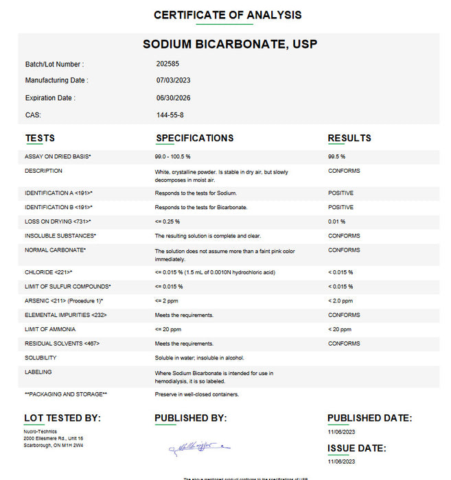 Sodium Bicarbonate USP Certificate of Analysis