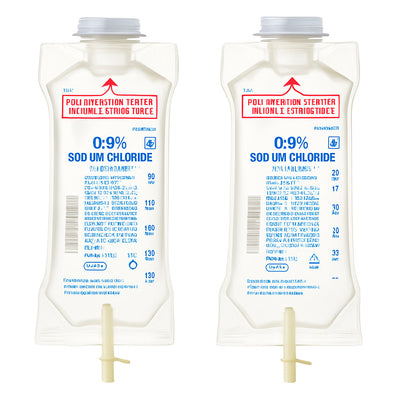 Two pack ofSodium Chloride 0.9% Injection IV Bags 250mL by Hospira on white background.