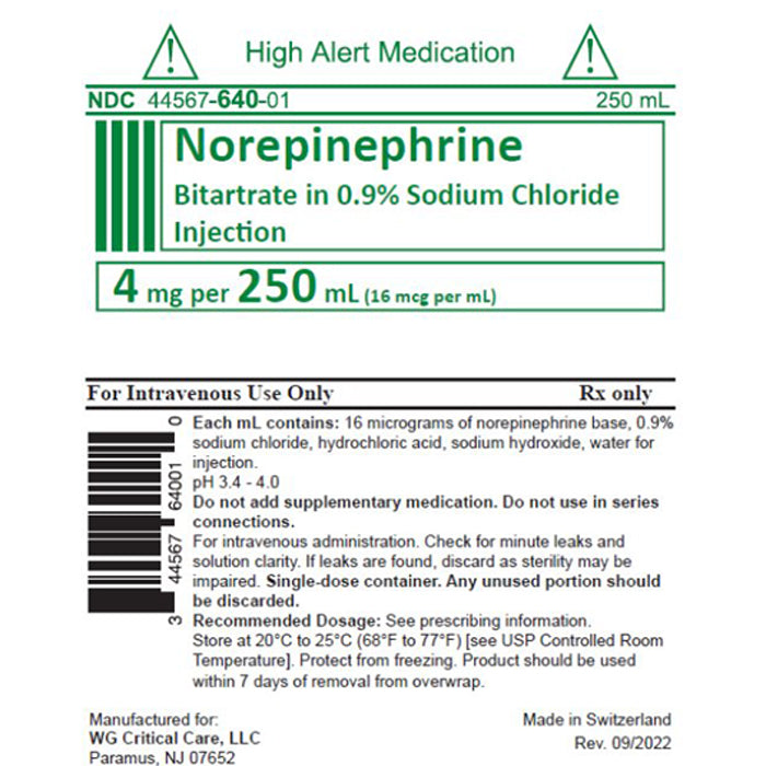 Norepinephrine IV Bag label