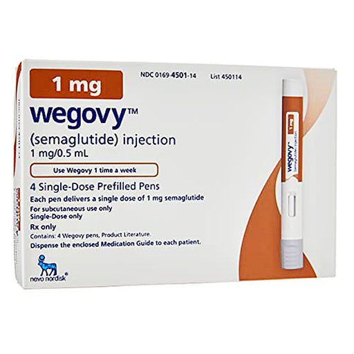 Buy Novo Nordisk Wegovy (semaglutide) Weight Loss Injector 1 mg/0.5 mL, 4 Pens Per Box **Refrigerated Item**  online at Mountainside Medical Equipment
