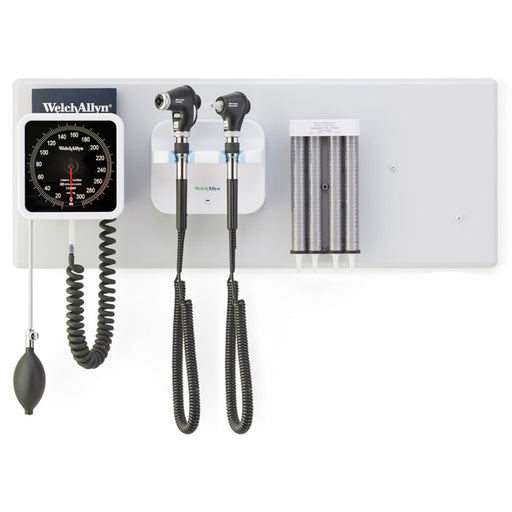Welch Allyn Green Series 777 Integrated Wall System with PanOptic Basic LED Ophthalmoscope, MacroView Basic LED Otoscope, BP Aneroid, and Ear Specula Dispenser