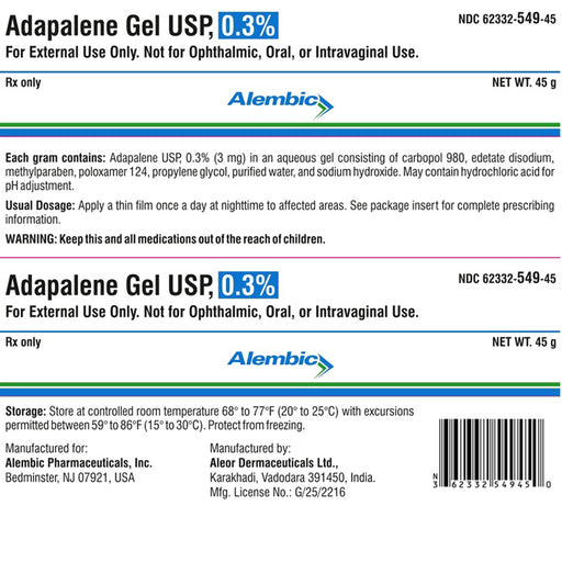 Buy Alembic Pharmaceuticals Alembic Adapalene Topical Gel 0.3% 45 Gram Tube (Rx)  online at Mountainside Medical Equipment