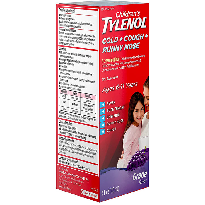 Buy Johnson and Johnson Consumer Inc Children's Tylenol Cold & Cough Plus Runny Nose Medicine Oral Suspension Grape Flavor  online at Mountainside Medical Equipment
