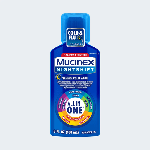 Buy RB Health Mucinex Nightshift Maximum Strength All in One, Severe Cold and Flu 6 fl oz  online at Mountainside Medical Equipment