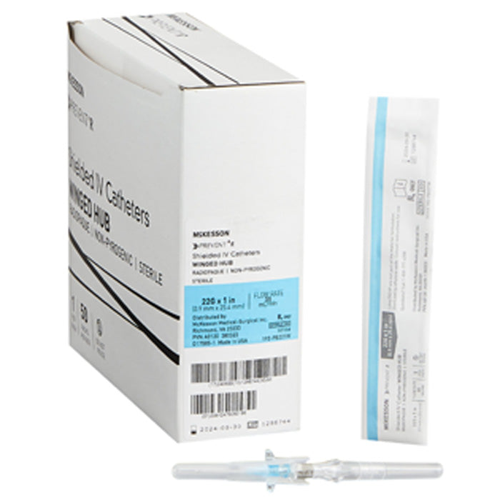 Buy McKesson IV Catheters -Prevent R Shielded IV Catheter Needles with Button Retracting Safety Needle 22 gauge x 1", 50/Box  online at Mountainside Medical Equipment