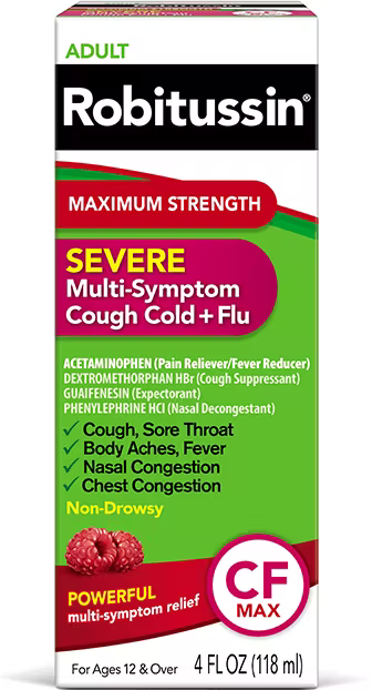 Buy Glaxo Smith Kline Robitussin Severe Cough, Flu & Sore Throat CF Max Raspberry 4 oz  online at Mountainside Medical Equipment