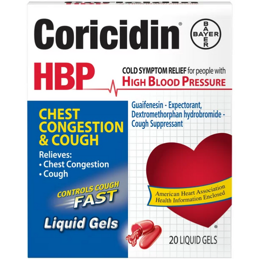Buy Cardinal Health Coricidin HBP Chest Congestion & Cough Liquid Gels, 20 count  online at Mountainside Medical Equipment