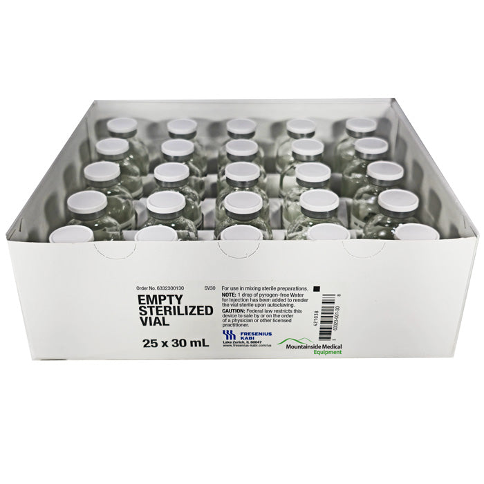 Empty Glass Vial, Sterile, 30mL Clear Vials 25tray