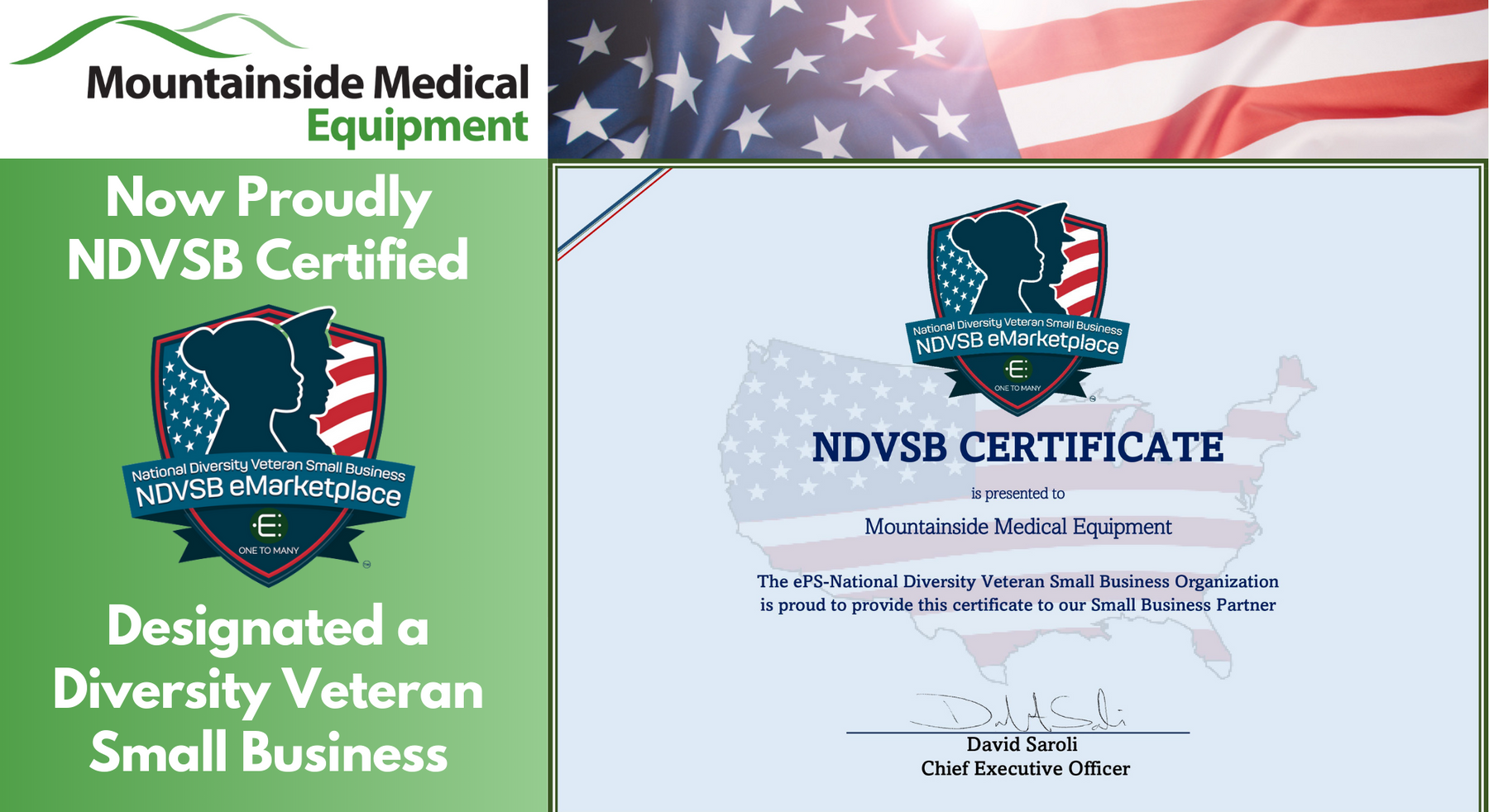 Mountainside Medical Equipment Gains National Diversity Veteran Small Business Certification