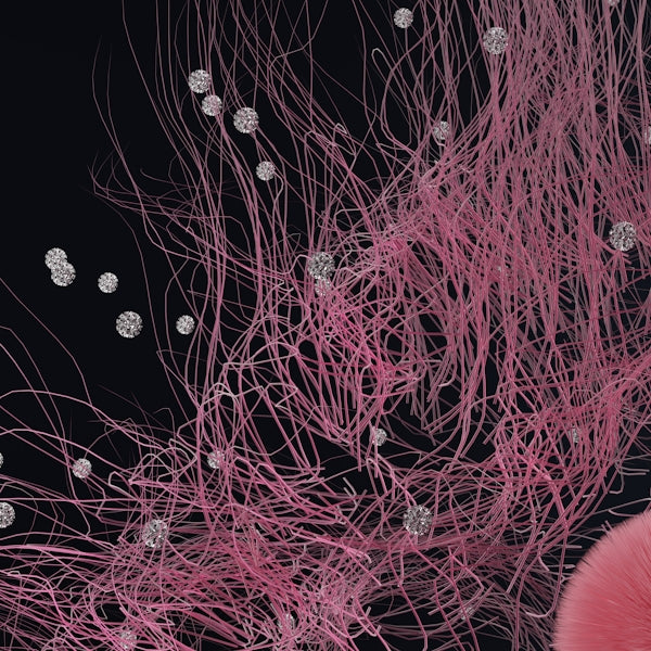 a close up of a pink object on a black background