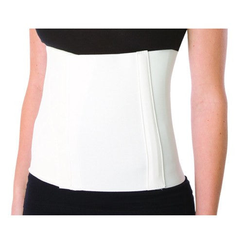 A variety of abdominal binders displayed on a table, emphasizing their role in post-surgical support, compression therapy, and improved mobility.