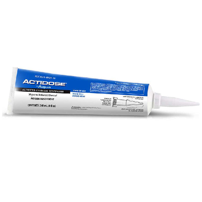 Actidose charcoal tube, with measuring spoon, bedside, vital for detox, digestive health, and emergency poison treatment.