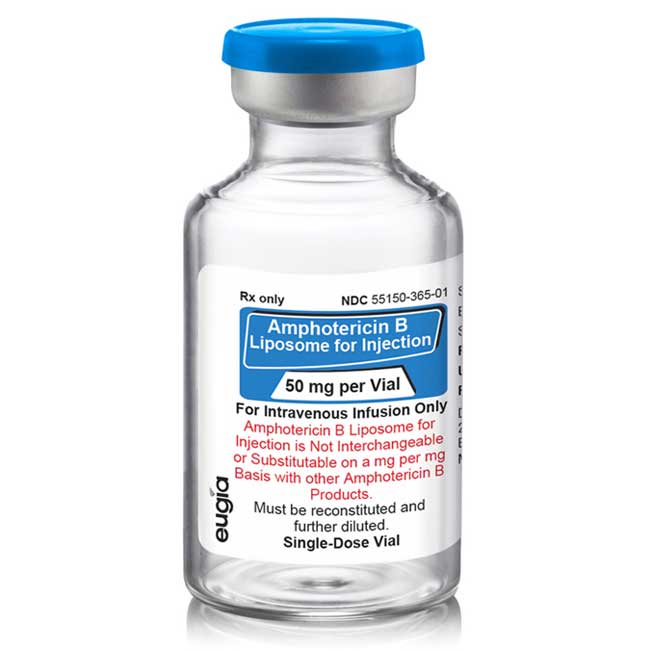 Vials of Amphotericin B medicines alongside infusion bags, used for treating severe fungal infections and critical care applications.