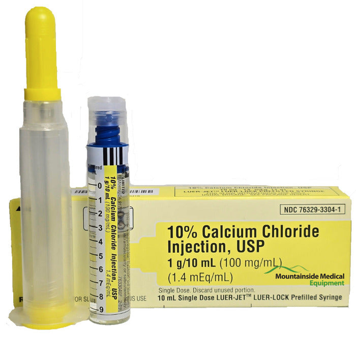 Calcium chloride injection vial used to treat hypocalcemia, cardiac emergencies, and magnesium toxicity in clinical settings.