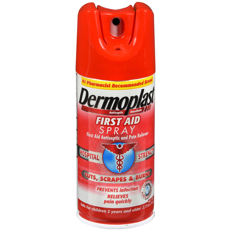 Dermoplast Spray bottle for soothing pain relief and minor wound care, highlighting fast-acting antiseptic and cooling benefits.