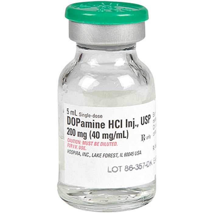 Dopamine Hydrochloride vial for enhancing cardiac output, treating low blood pressure, shock, and supporting heart failure management.