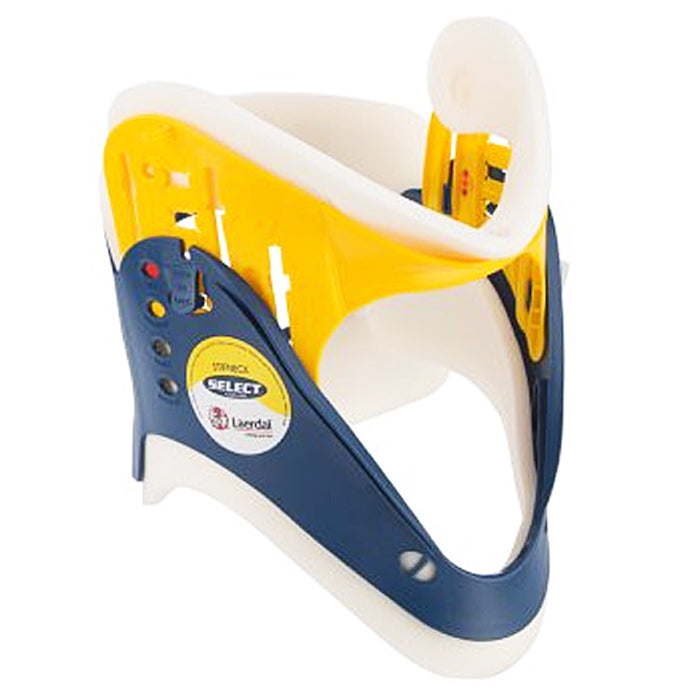 Extrication collar for neck immobilization, used in trauma care to prevent spinal injuries during emergency patient transport.