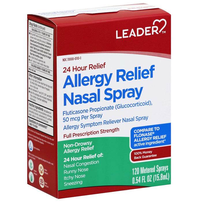 Fluticasone nasal spray bottle for allergy relief, nasal congestion, and sinus health, placed on a clean medical surface.
