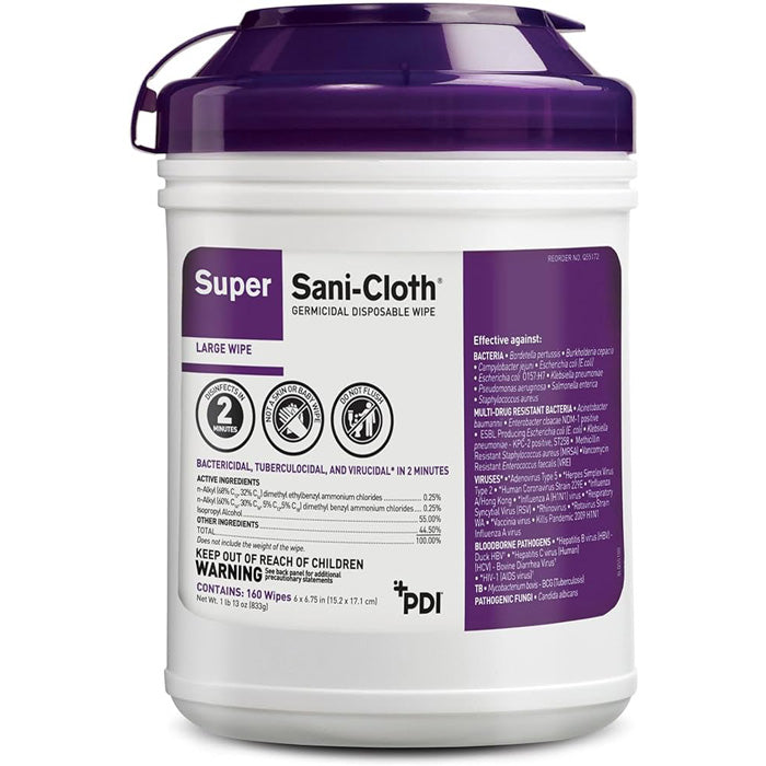 A canister of germicidal wipes on a countertop, ideal for effective surface disinfection, eliminating germs, and ensuring hygiene in healthcare settings.