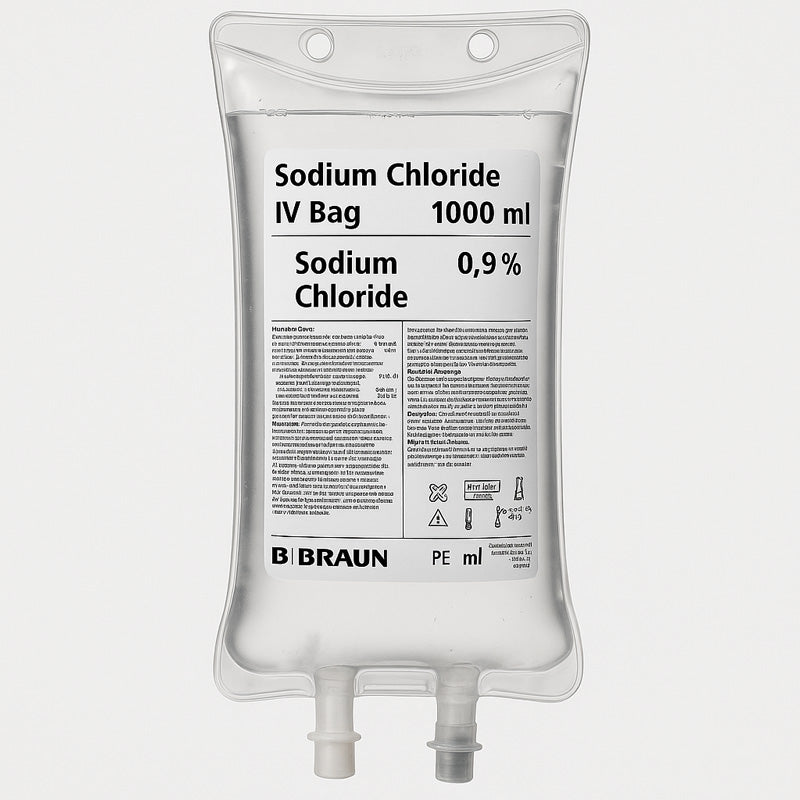 Clear plastic IV bags filled with sodium chloride normal saline 0.9% solution used for medical treatments in hospitals or clinics.