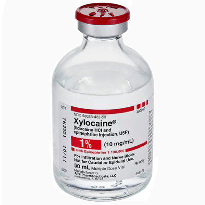 Lidocaine with Epinephrine injection vial alongside syringes and protective gloves, showcasing its application in pain management, anesthesia, and medical procedures.