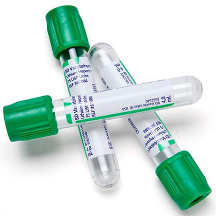 Lithium Heparin Test Tubes for plasma separation, featuring green caps, used in rapid blood testing and laboratory analysis.